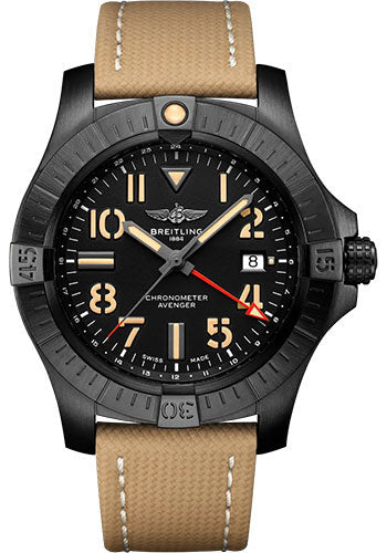 Breitling Avenger Automatic GMT 45 Night Mission Watch - DLC-Coated Titanium - Black Dial - Sand Calfskin Leather Strap - Folding Buckle - V32395101B1X2
