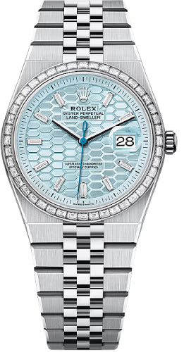 Rolex Land-Dweller 36 Platinum Ice Blue Honeycomb Motif Dial Baguette Diamond-Set Bezel Flat Jubilee Bracelet 127286TBR - 2025