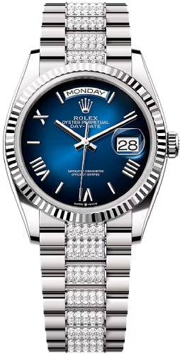 Rolex Day-Date 36 36mm Blue Ombré Dial Fluted Bezel with Diamond-Set President Bracelet - 128239 | 2024 Model